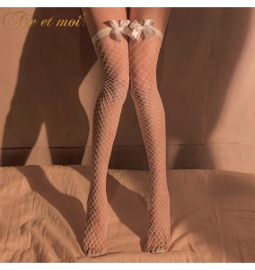 FEE ET MOI Bow Thigh High Net Stockings (White)